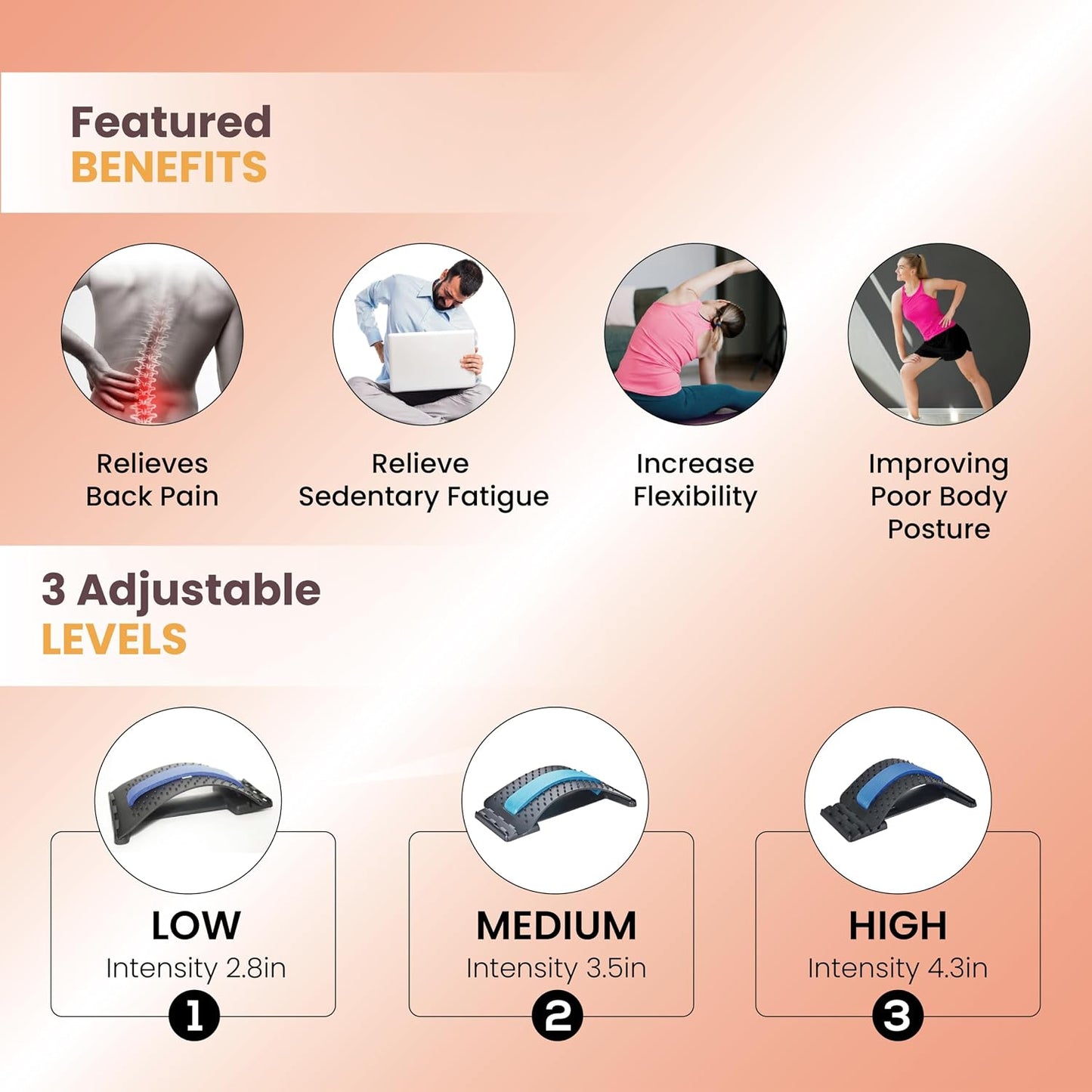 Ergonomic Back Stretcher for Lower back Pain Relief, Lumbar Support with Acupressure Points. Portable Spine Deck and Posture Correction Cracking Device with 4 Adjustable Levels. Back Massager for Scoliosis, Spine Decompression(Blue)