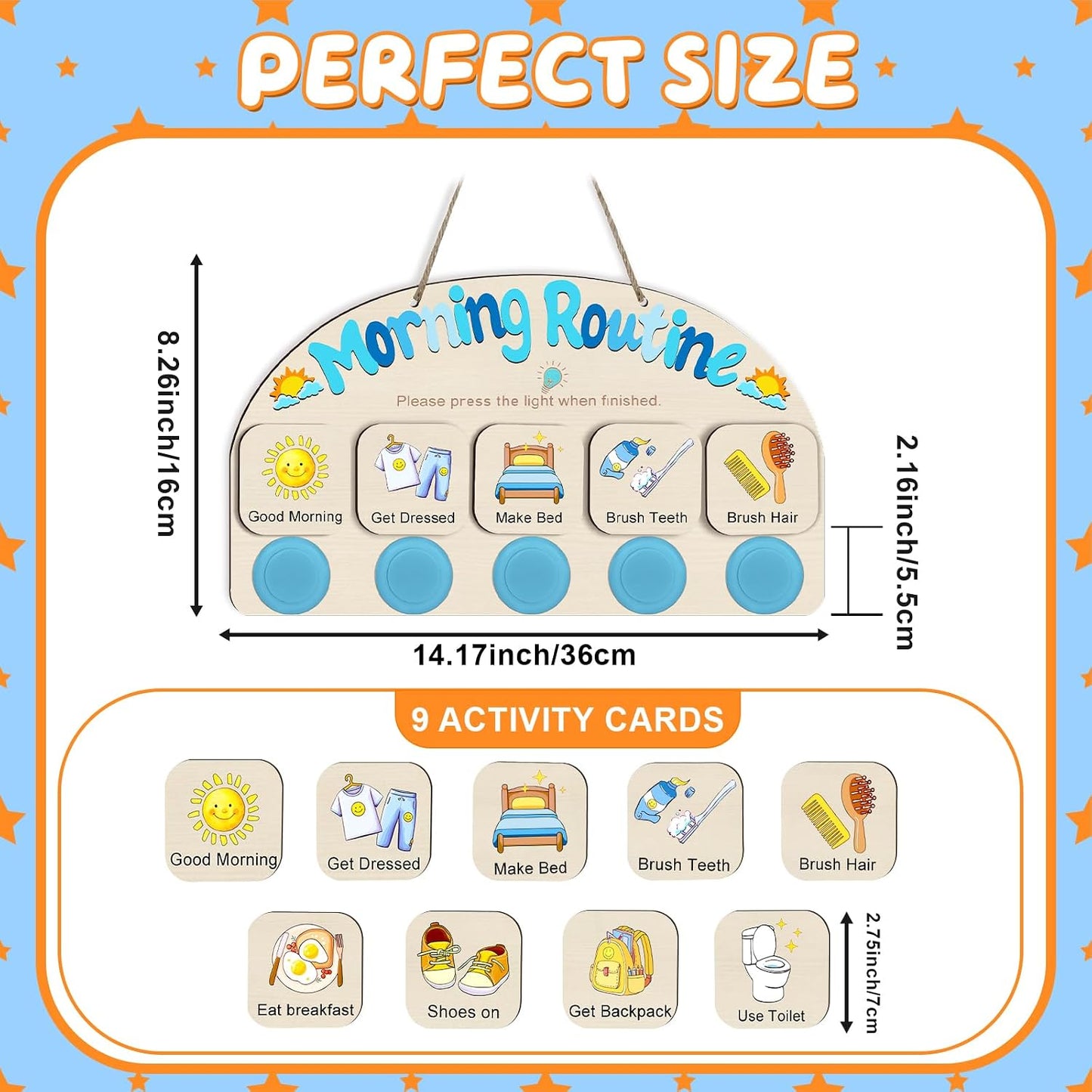Upgraded Morning Routine Chart for Toddlers, Visual Schedule Chart | to Do List with 5 Tap Lights & 9 Activity Cards, Wooden Schedule Board for Kids, Preschoolers, Autism, ADHD Tools