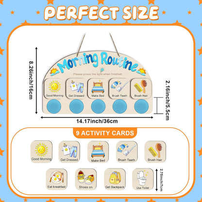 Upgraded Morning Routine Chart for Toddlers, Visual Schedule Chart | to Do List with 5 Tap Lights & 9 Activity Cards, Wooden Schedule Board for Kids, Preschoolers, Autism, ADHD Tools