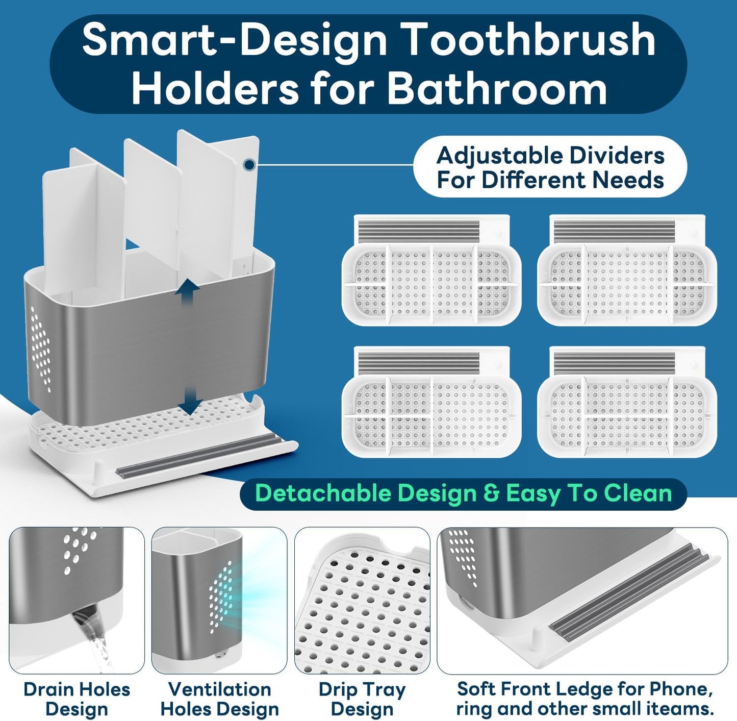 Bathroom Organizers and Storage 6 Slots Wood Grain Electric Toothbrush Holders with Phone Holder and Adjustable Dividers, Cord-Friendly Toothbrush Organizer with Drainage for Family, Kids