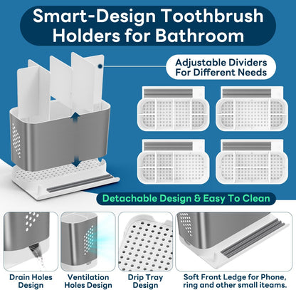 Bathroom Organizers and Storage 6 Slots Wood Grain Electric Toothbrush Holders with Phone Holder and Adjustable Dividers, Cord-Friendly Toothbrush Organizer with Drainage for Family, Kids