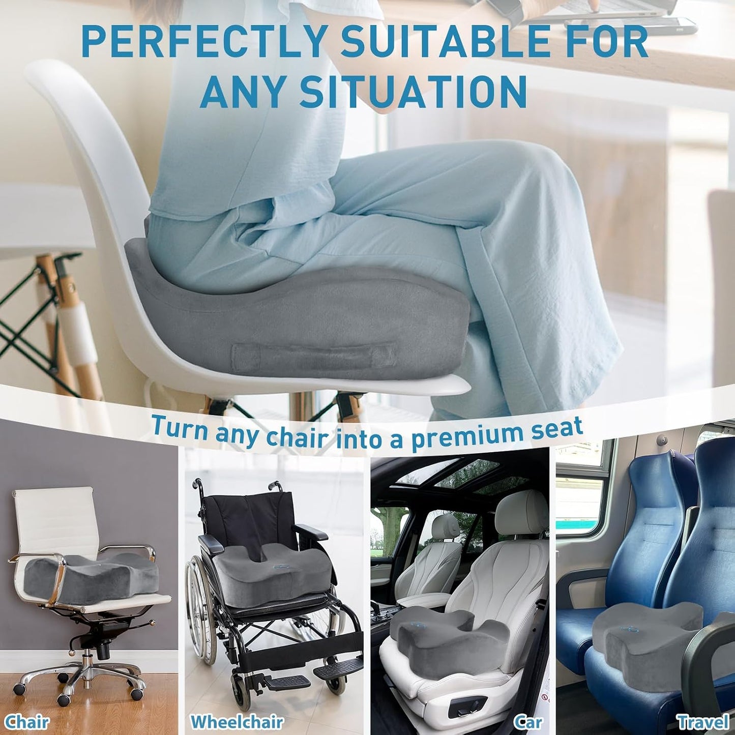 BlissTrends Memory Foam Seat Cushion for Office Chair & Car Seat, Black | 4.7in Ergonomic Tailbone & Sciatica Support with Removable Velvet Cover for Pressure Relief and Long Sitting Comfort