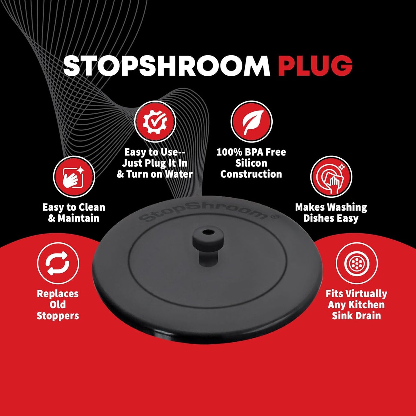 Kitchen SinkShroom Revolutionary Clog-Free Stainless Steel Sink Strainer, Black, 1-(Pack)