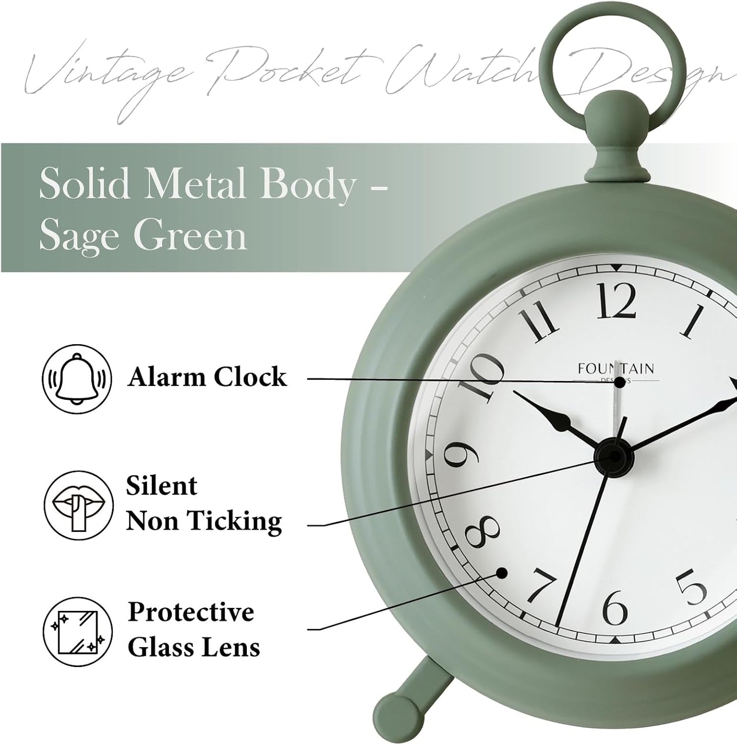 5.4" Jensen Pocket Watch Analog Alarm Clock,Morning Silver | Silent Non Ticking,Durable Metal,Loud Desk & Shelf Alarm Clocks for Bedroom,Home Office, Mantel & Living Room