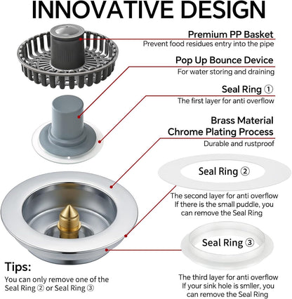 Solid Brass Body 3-in-1 Kitchen Sink Drain Strainer & Stopper, Heavy Duty Pop Up Plug Assembly with 2 Baskets, Anti-Clog Replacement for US Standard 3-1/2 Inch Drains, Rust-Proof Silver