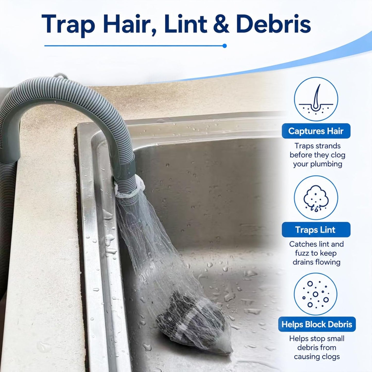 100 Pack Upgraded Lint Traps for Washing Machine Hose with Double-Layer Bottom Filter - Pet Hair Remover & Drain Hose Filter to Prevent Clogs, Universal Laundry Lint Snare for Washer