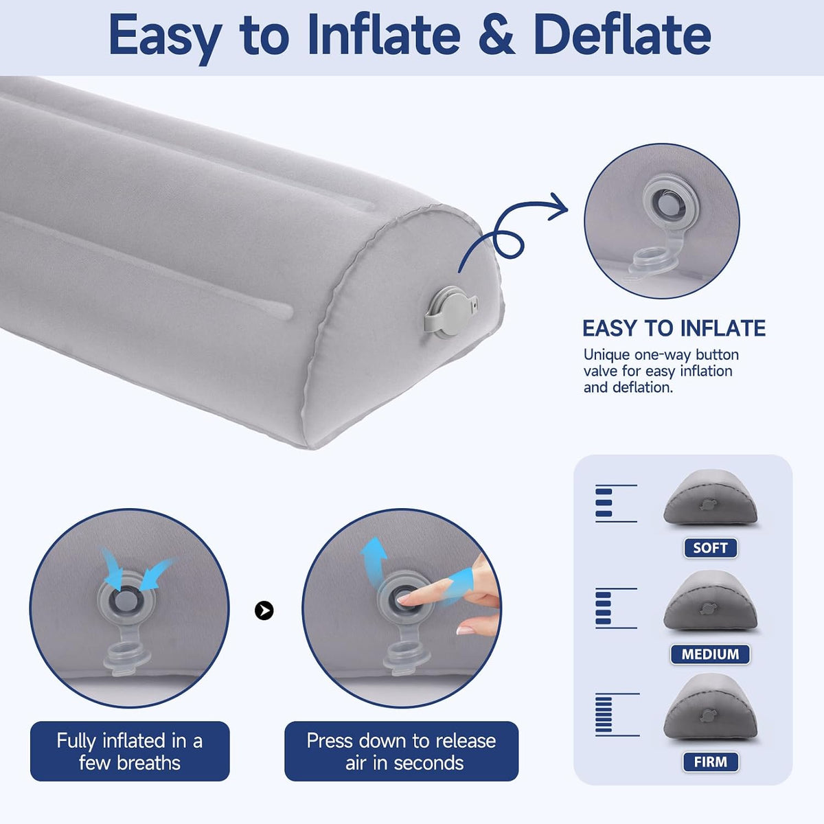 Inflatable Bolster Pillow for Legs, Knees & Back – Lightweight,Half Moon Support Cushion for Sleeping & Travel – Soft Milk Fiber & TPU – Adjustable Lumbar, Knee & Ankle Support 51x21x12cm