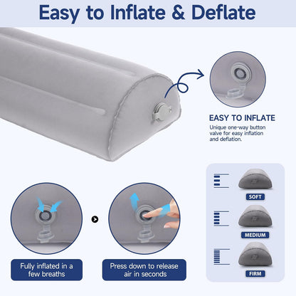 Inflatable Bolster Pillow for Legs, Knees & Back – Lightweight,Half Moon Support Cushion for Sleeping & Travel – Soft Milk Fiber & TPU – Adjustable Lumbar, Knee & Ankle Support 51x21x12cm