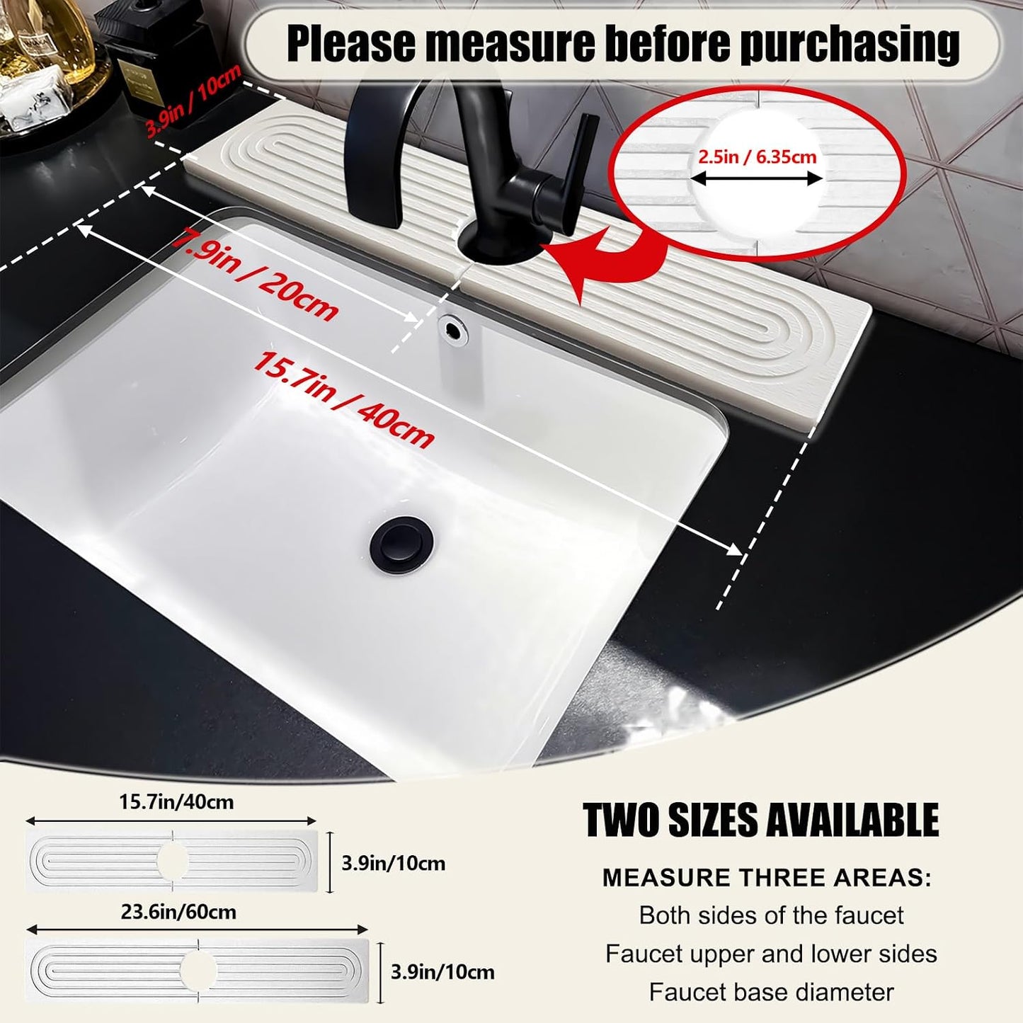 Stone Faucet Mat For Kitchen Sink, 23.6" Diatomite Quick Drying Stone Mat For Kitchen Sink, Sink Splash Guard, Super Absorbent, Sink Stone Quick Dry Around Faucet For Bathroom Counter (White)