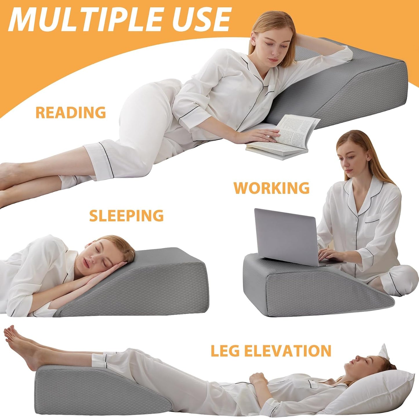 Bedluxe Leg Pillow Elevation Blood Circulation, Wedge Pillow for Legs Swelling, Leg Elevating Wedge Pillow for After Surgery, Foot Knee Pillow for Leg Rest, Sleeping, Memory Foam Top, 8in, White/Grey