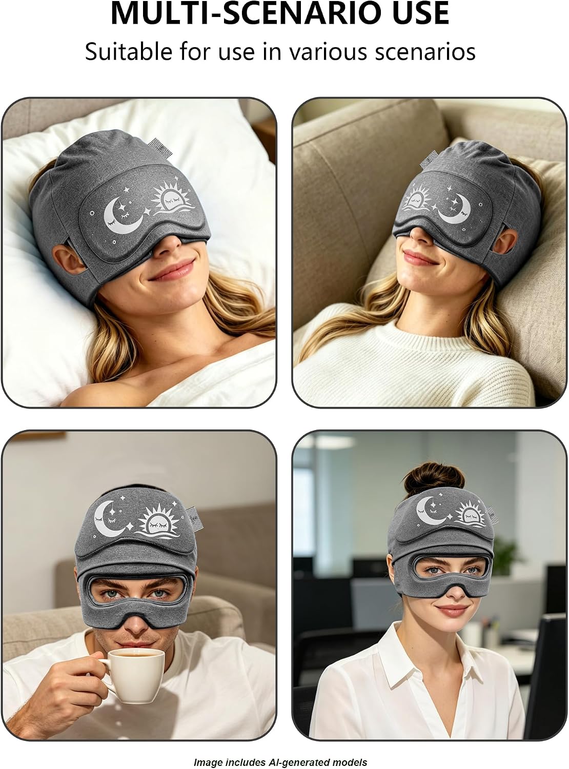 Migraine Relief Cap with Flip-up Eye Mask for Headache & Stress Relief | Headache Relief Hat for Hangover, Tension-Cold Compress Head Wrap