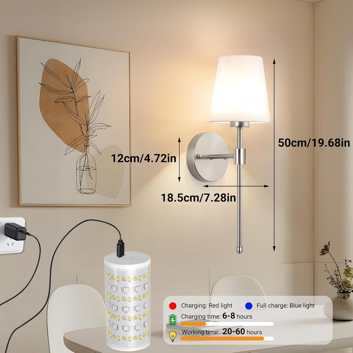 Battery Operated Wall Sconces Set Of Two, Wireless Battery Wall Light With 10000mAh RGB Rechargeable Magnetic Bulb, Rechargeable Wall Sconce With Remote Control For Bedroom, No Electrician Required