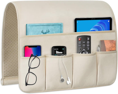 Remote Control Holder for Armchair Caddy, Remote Holder with 5 Pockets | Couch TV Remote Holder with Non-Slip Base, Bedside Caddy Organizer for Key Glasses Phone Magazine (Blue, 35"x12.4")