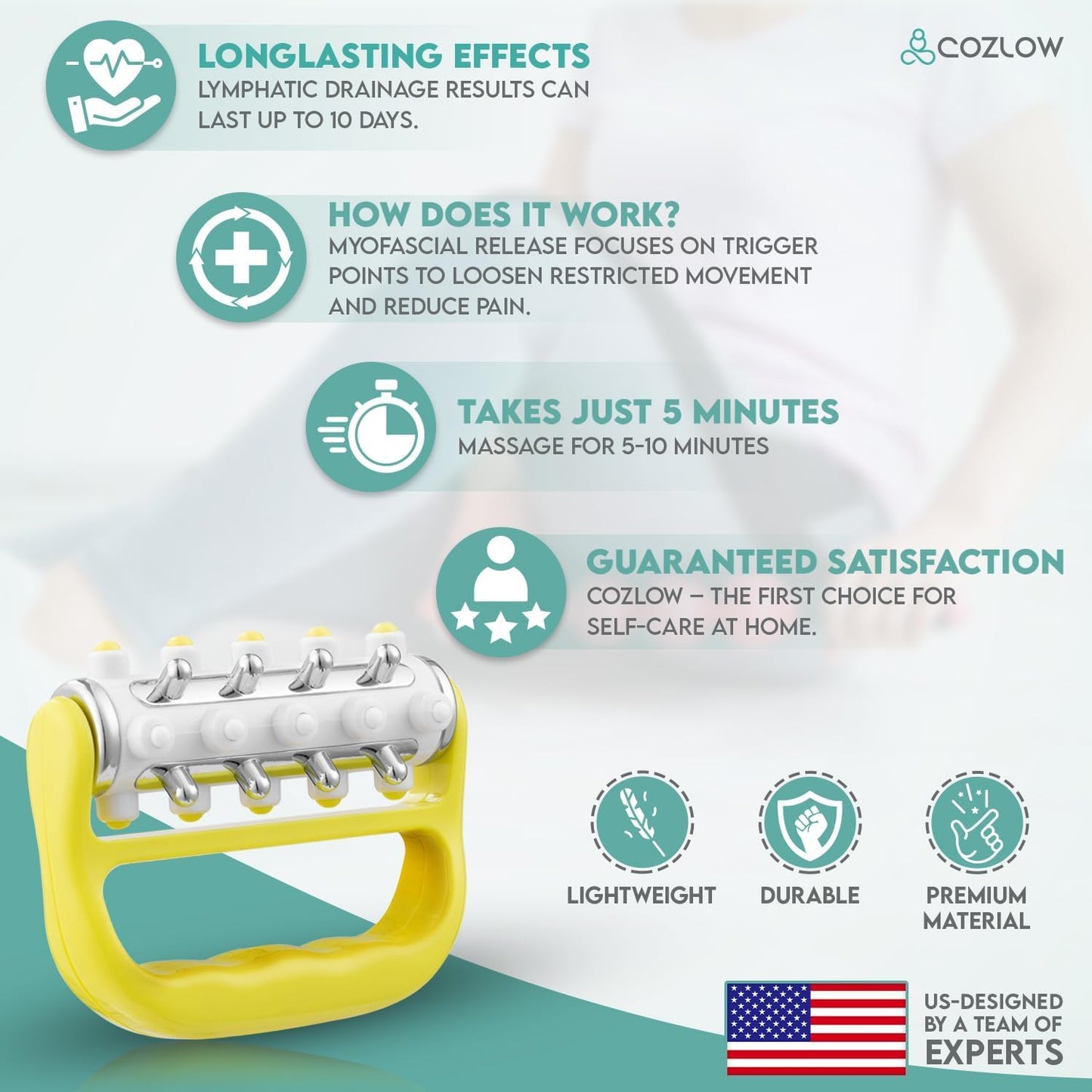Handheld Lymphatic Drainage Massager - May Reduce Appearance of Cellulite | Cozlow manual massage tool w/ 7 rolling balls, helps support lymph system care, promotes healthy circulation & smoother skin