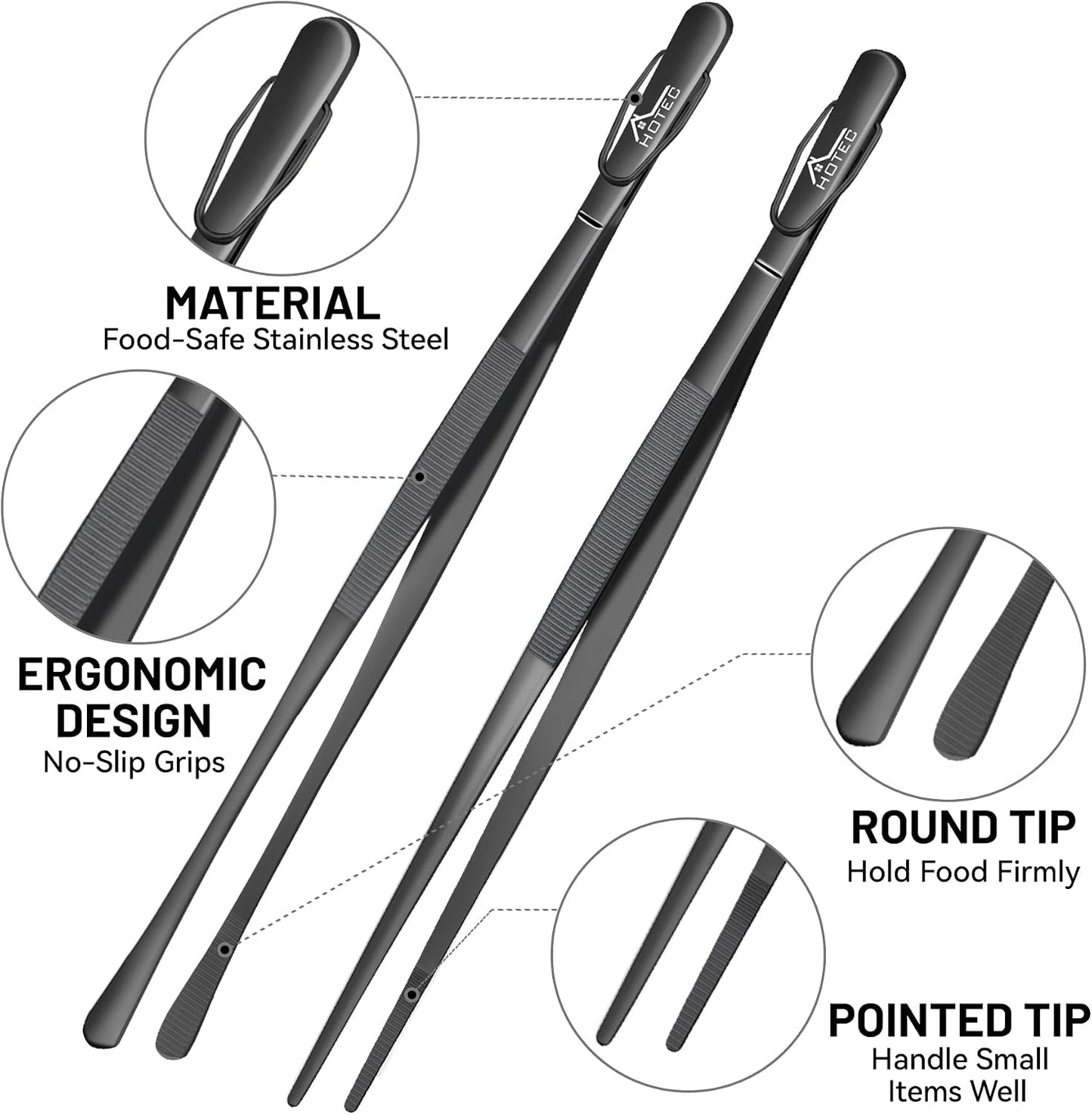 HOTEC Kitchen Tweezers Tongs Stainless Steel, Set of 6 - Professional Cooking Tweezers for Cooking, Chefs, BBQ, Seafood, Baking & Repair