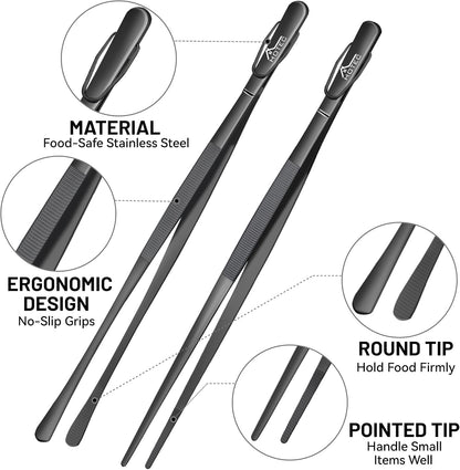 HOTEC Kitchen Tweezers Tongs Stainless Steel, Set of 6 - Professional Cooking Tweezers for Cooking, Chefs, BBQ, Seafood, Baking & Repair
