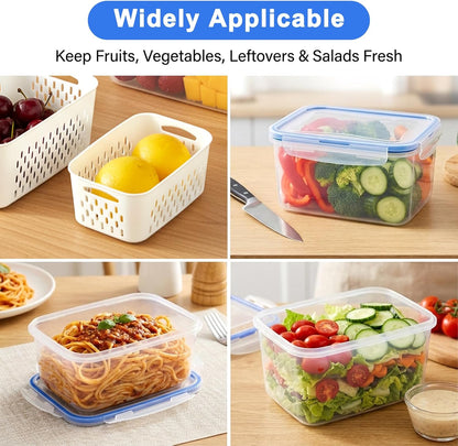 2 Pack Fruit Storage Containers for Fridge with Removable Colanders, Dishwasher & Microwave safe Produce Storage Containers with Lids Keep Fruits, Vegetables, Berry, Meat Fresh longer