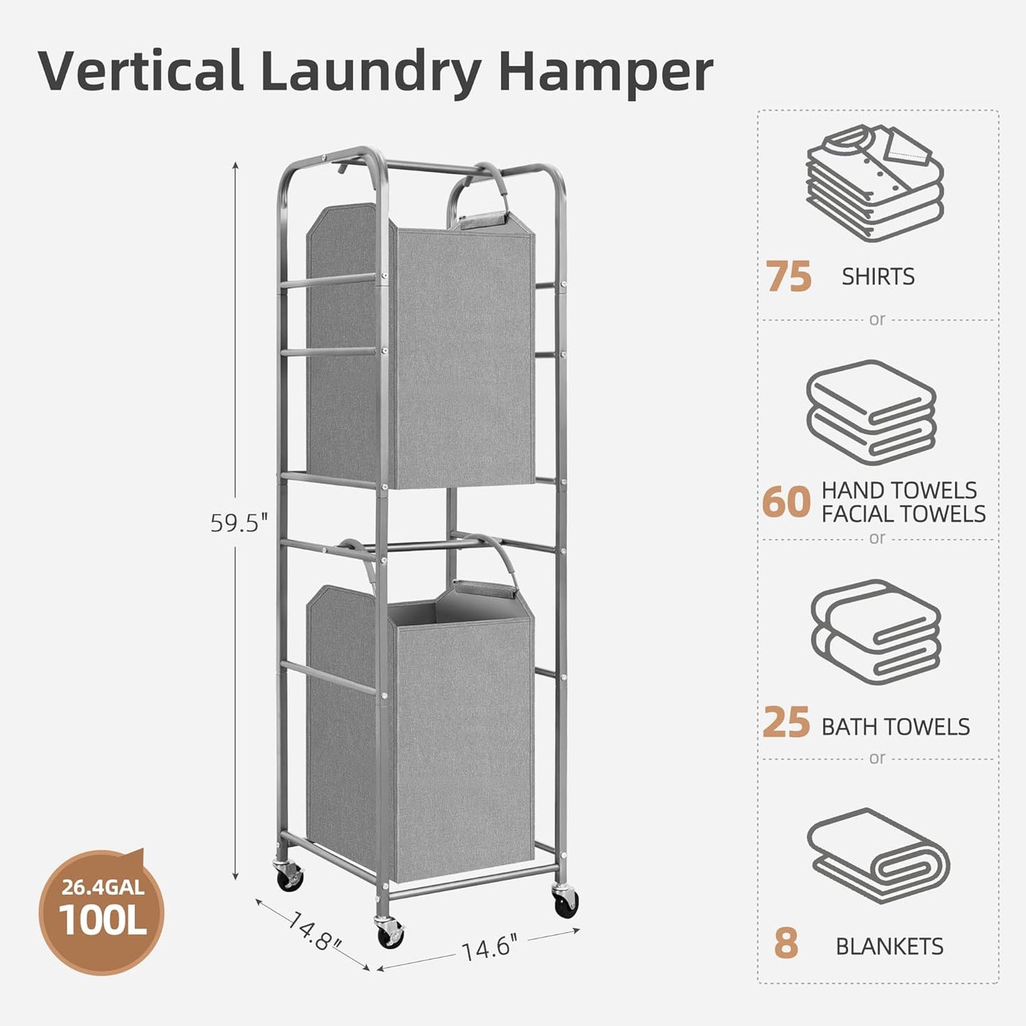 STORAGE MANIAC 2 Tier Vertical Laundry Hamper, 2 Section Laundry Sorter with 2 Removable Tote Bags, Rolling Clothes Basket for Towels, Blankets, Tall Dirty Clothes Hamper for Closet, 2 Bags Gray