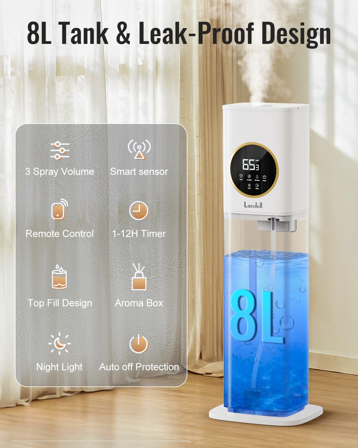 Humidifiers for Bedroom 500 sq ft,2.1Gal/8L Cool Mist Humidifier Large Room
