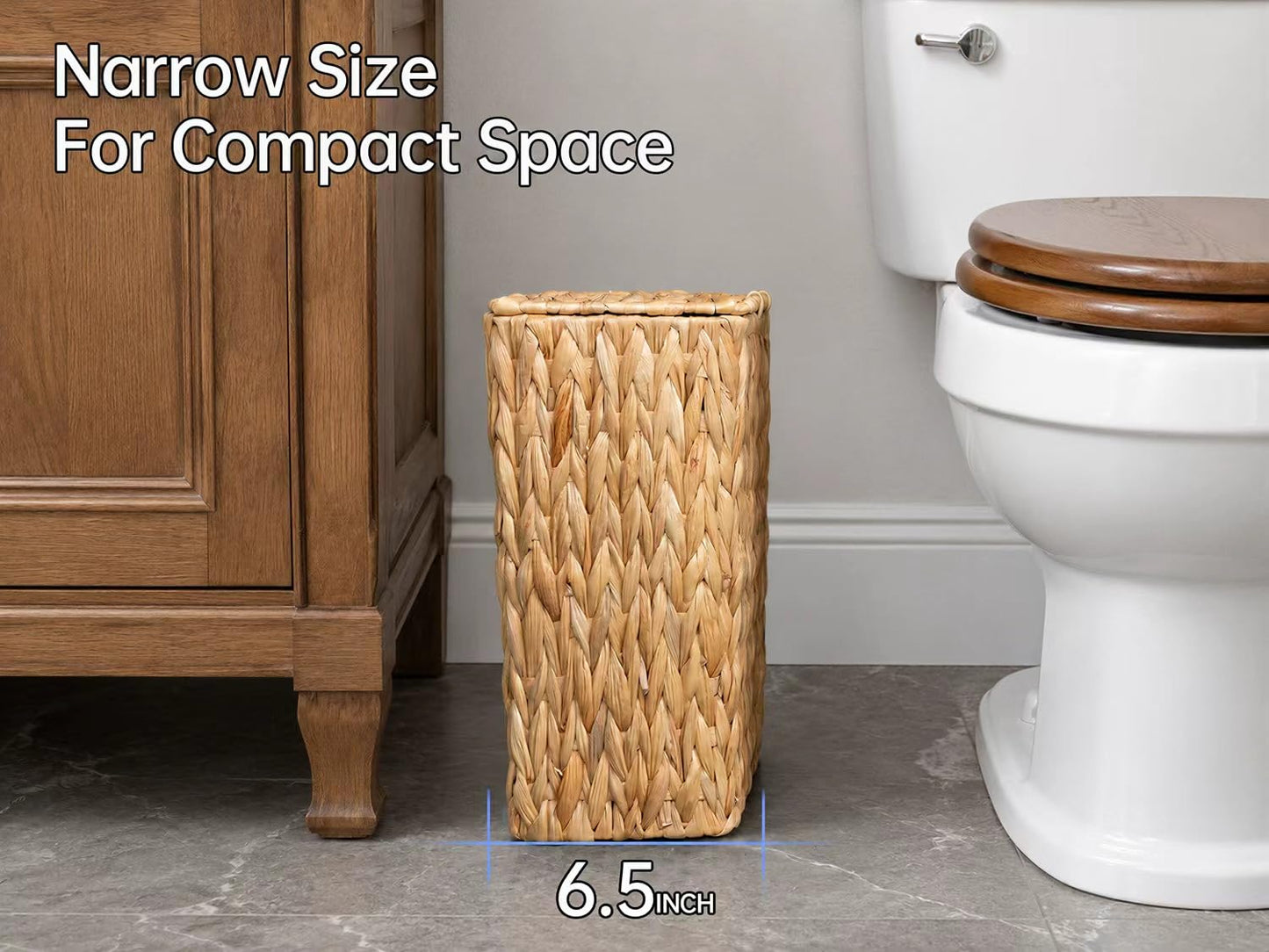 Coeusy 3 Gallon Wicker Trash Can,Small Bathroom Trash Can with Lid,Natural Water Hyacinth Wicker Waste Basket for Bedroom,Toilet,Narrow Garbage Can with Removable Liner
