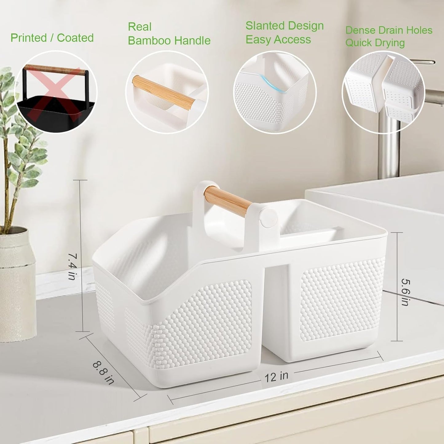 Plastic Shower Caddy Portable Shower Basket with Bamboo Handle, White | Cleaning Caddy Organizer Storage Tote for Bathroom, College Dorm Essentials, Bath Toy Storage