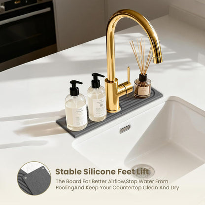 Diatomite Faucet Mat for Kitchen Sink, Quick-Dry Stone-Like Sink Mat, Flat Lay Absorbent Countertop Drying Mat for Faucet Area, Hard Diatomite Mat, Gray, 23.6 x 4 in