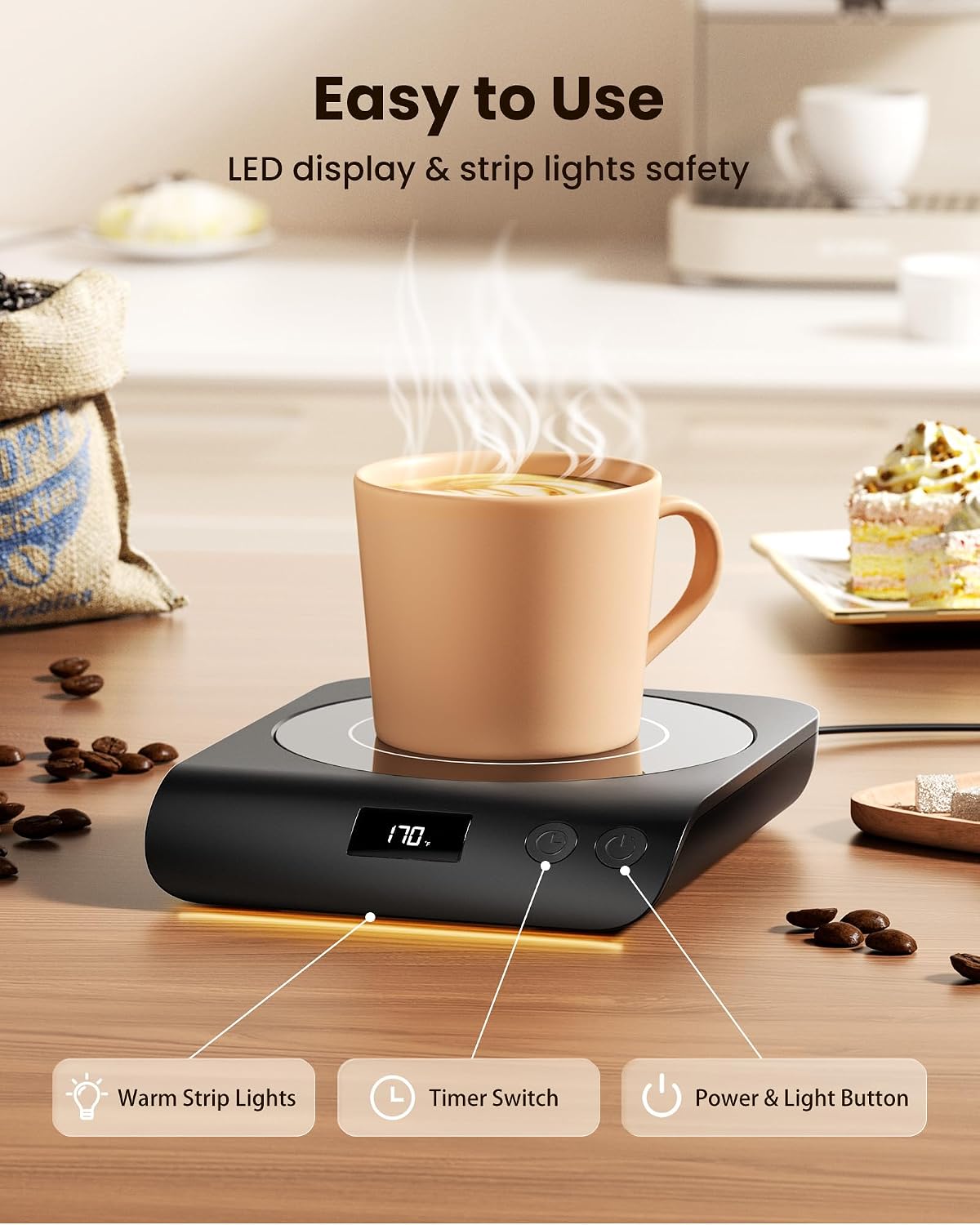 Gaiatop Coffee Mug Warmer, 50W Smart Cup Warmers, Fast Heating Plate-Black