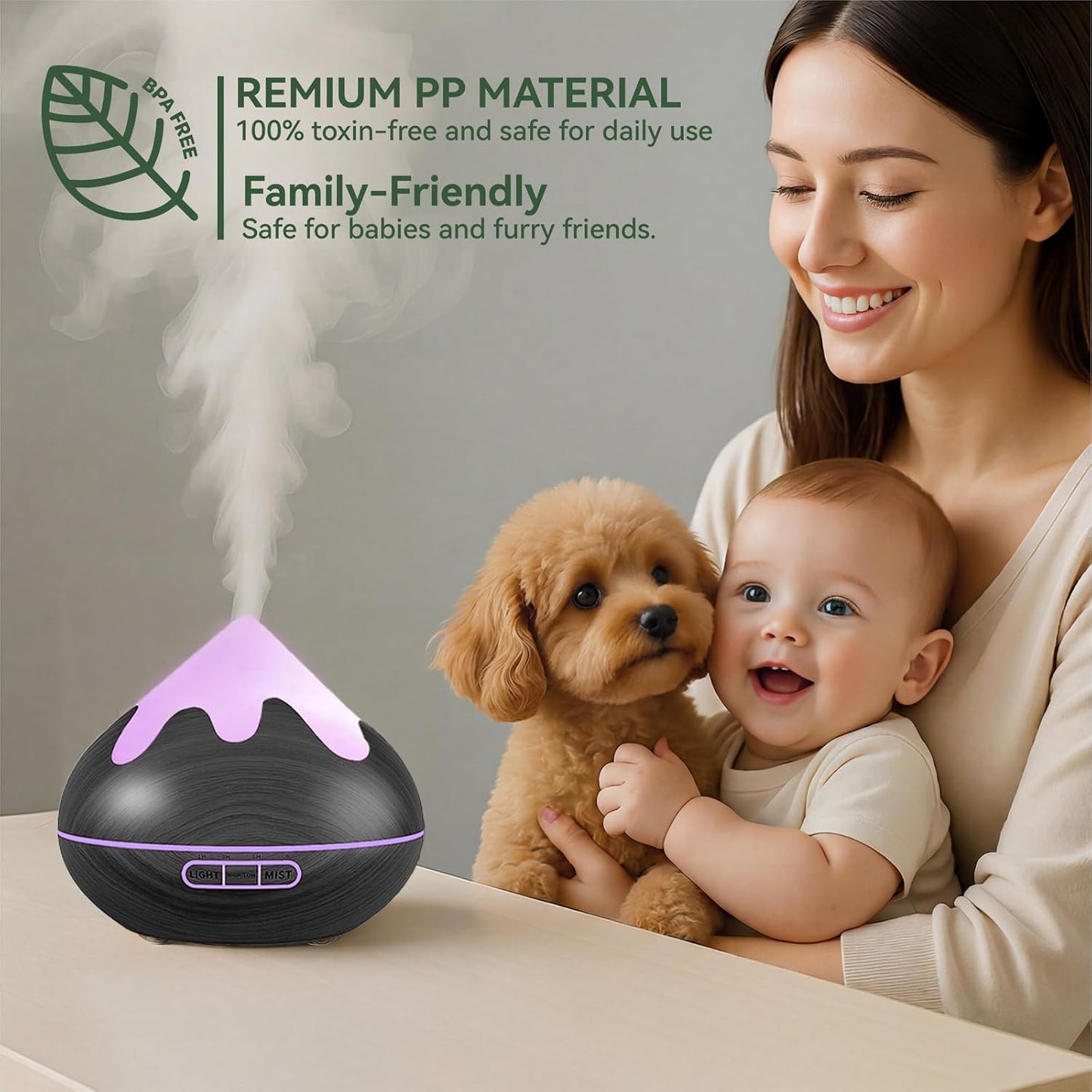 500ML Essential Oil Diffuser, Aromatherapy Diffuser with Remote Control, Multifunctional Air Diffusers for Home Office Room, Fragrance Aroma Diffuser with 7 Color LED & 2 Mist Mode, Brown