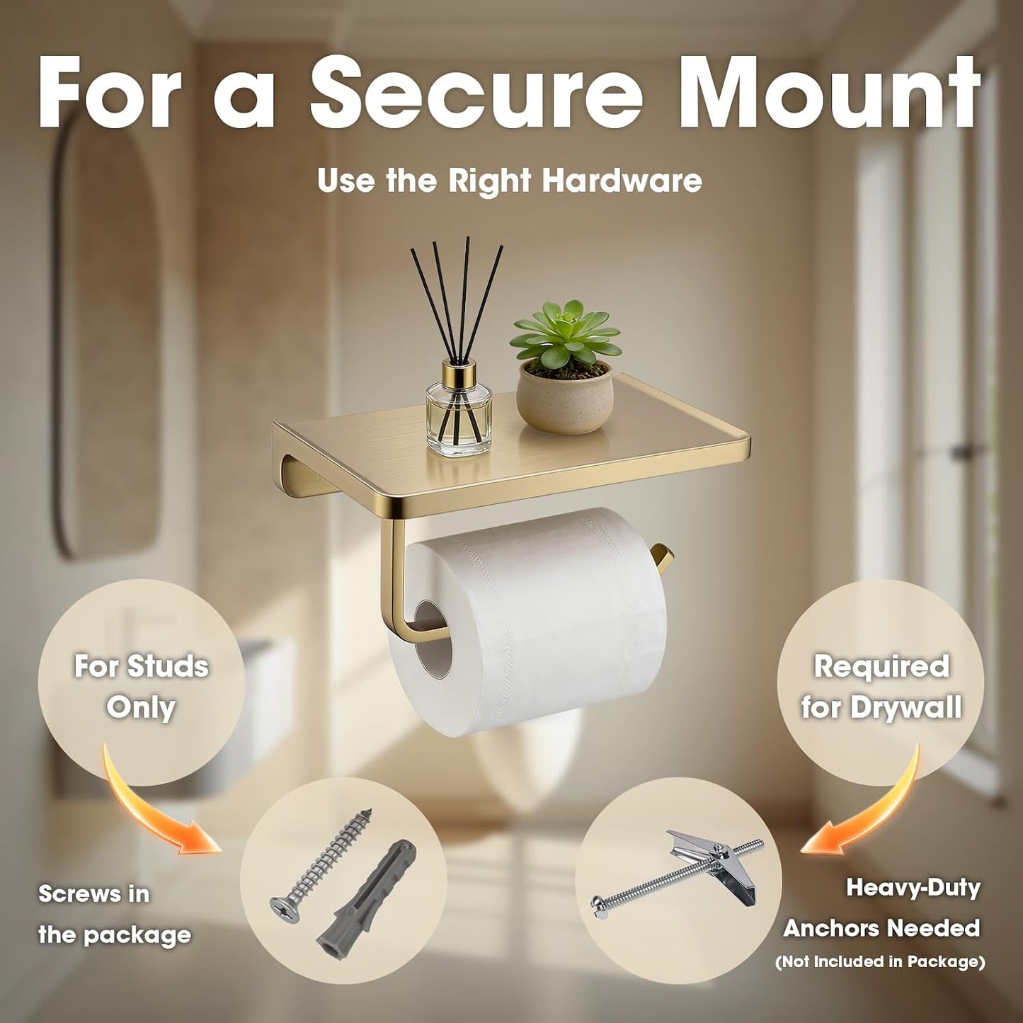 TRUSTMI Toilet Paper Holder with Phone Shelf, Zinc Alloy, Brushed Gold | Solid zinc alloy holder holds 15 lbs and fits jumbo rolls. Shelf stores phones and wipes for easy bathroom organization