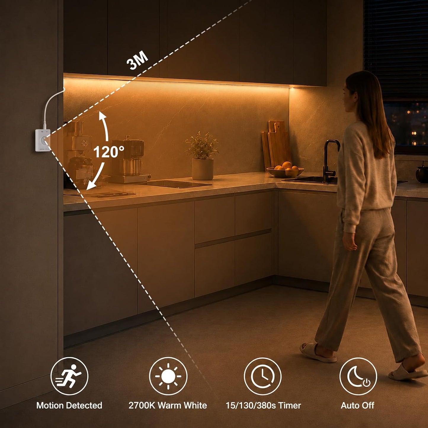 Rechargeable Motion Sensor LED Strip for Cabinet (2Pack-6.6FT, Cool White) | Motion Activated, 1500mAh Battery, Cuttable, Auto On/Off, Self-Adhesive, for Kitchen, Stairwell, Hallway, Garage, Basement