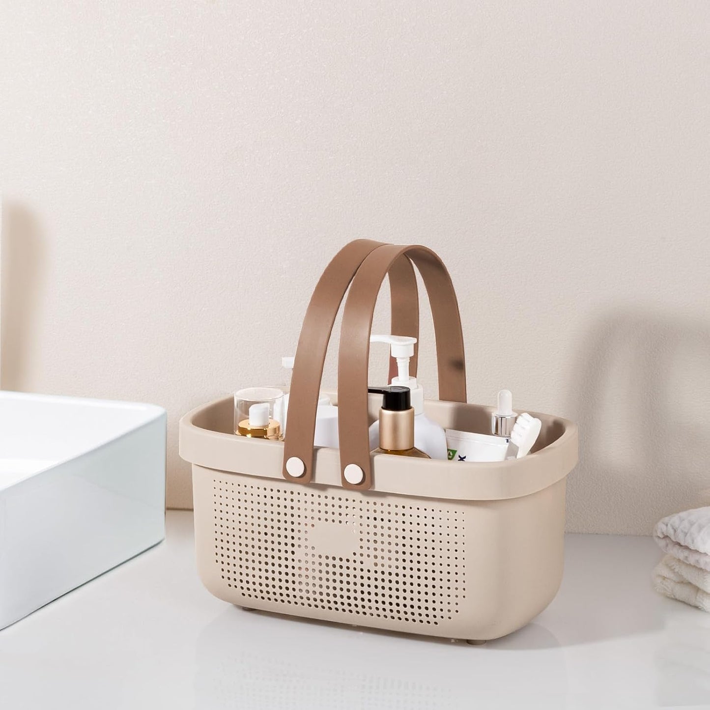 JiatuA Plastic Storage Basket with Handle Portable Shower Caddy Tote Organizer Basket Bin for Bathroom Kitchen Dorm Room Bedroom, Green | Sturdy Drainage Large Capacity Organizer Basket with Silicone Handles for Bathroom Kitchen Bedroom College Dorm
