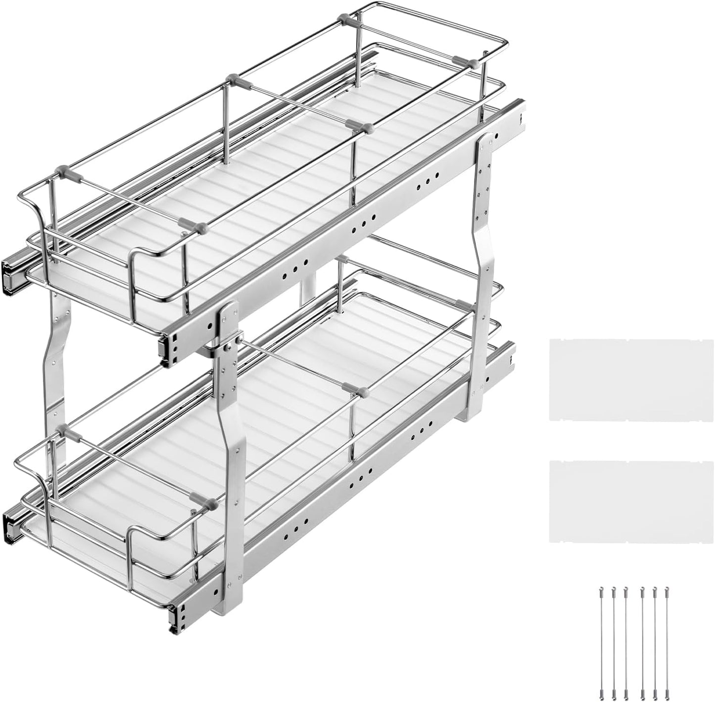 VEVOR Pull Out Cabinet Organizer, 14" Wx21.2 Dx15.2 H Heavy 2 Tier Duty Slide Out Pantry Shelves, Chrome-Plated Steel Roll Out Drawer for Under Sink, 15.5" Wx22.5 Dx19 H Install Size for Cabinet