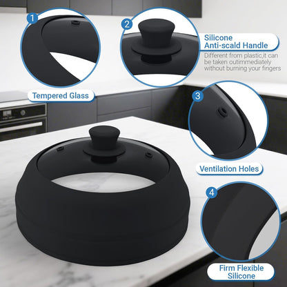Microwave Splatter Cover Glass,10.5 Inch Collapsible Microwave Cover for Food Glass, Silicone Vented Splatter Guard Lid, Silicone Dish Plate Cover, Dishwasher Safe, Heat Resistant, BPA-Free, Black