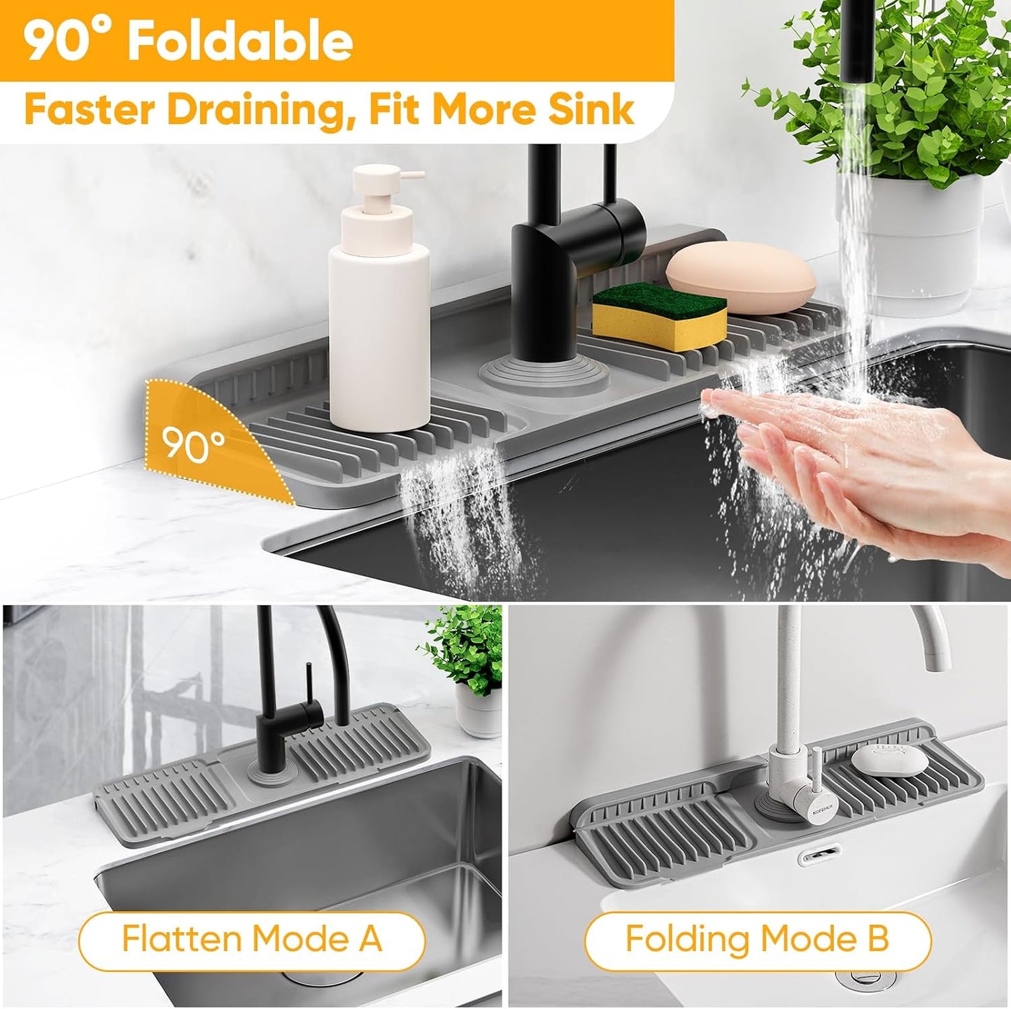 24'' Longer Faucet Mat for Kitchen Sink Splash Guard[7° Slope Fast Self-draining][Snap Lock Fit]Kitchen Sink Faucet Mat Splash Guard Kitchen Sink Area Water Splash Guard Behind Faucet Draining Mat