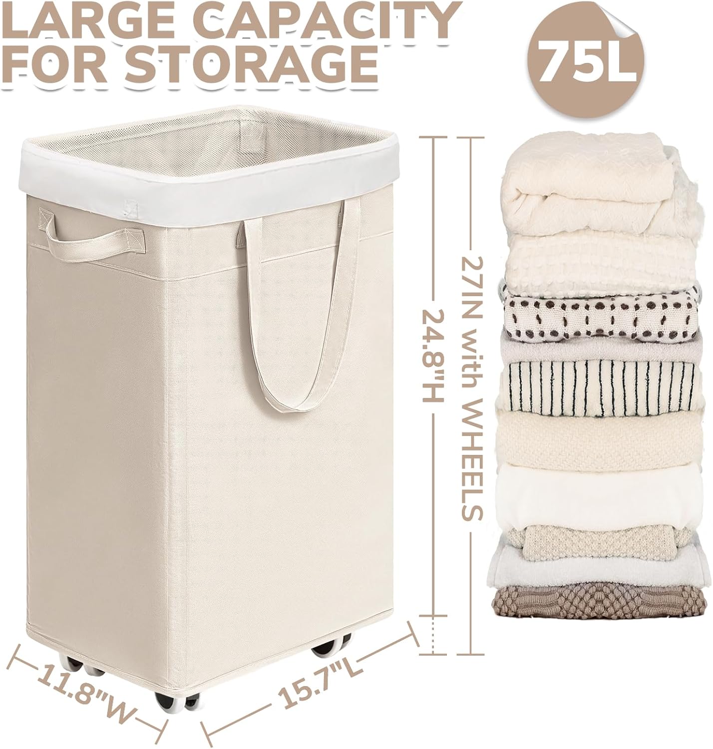 CHICVITA 75L Large Rolling Laundry Basket with Wheels & Wash Bag, Grey | Collapsible design saves space for corner dorms. Removable wash bag for easy laundry transport
