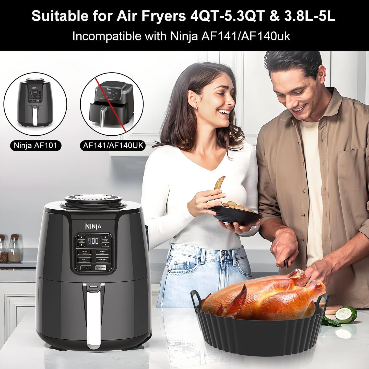 Silicone Air Fryer Liners 2 Pack, Reusable Liners Compatible for Ninja Foodi DZ201, DZ401, DZ550, COSORI, Chefman, Instant Air Fryer, and 6-in-1 8-10QT Air Fryer Baskets