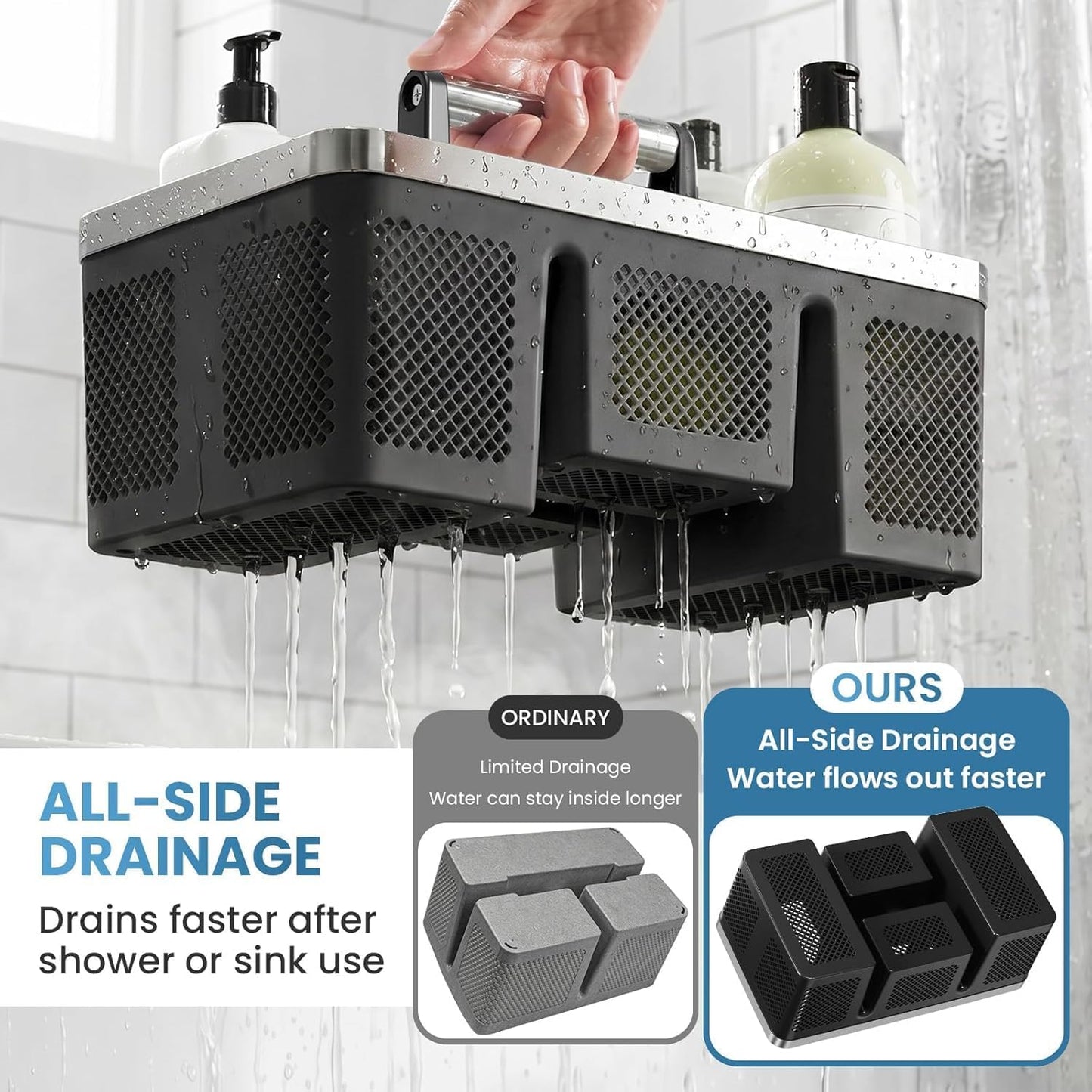 BYUNER Portable Cleaning & Shower Caddy with Handle: Rigid Plastic Basket with 4 Divided Compartments, All-Side Drainage for College Dorm, Bathroom & Utility Use, Black/Gold
