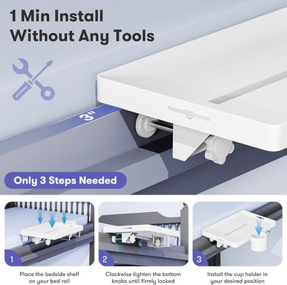 Bedside Shelf for Top Bunk Bed, White Bunk Bed Table 50LBS Capacity | Bedroom Dorm Room Essential, Clip on Nightstand for College Student, BedShelf with Cup Holder, Material & Clamping Screw