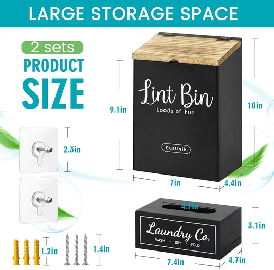 Magnetic Lint Bin and Dryer Sheet Holder Set for Laundry Room Organization | Wall Mounted Laundry Organization and Storage,Wooden Lint Trash Can with Lid and dryer sheet dispenser,Laundry Room Trash Can