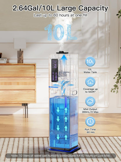 10L/2.64Gal Humidifier, Top Fill Quiet Ultrasonic Cool Mist Humidifiers for Bedroom, Covers 550ft², 60H Runtime, 24H Timer, 3 Mist Modes Humidifier Large Room, Home, Office, Plants, Black
