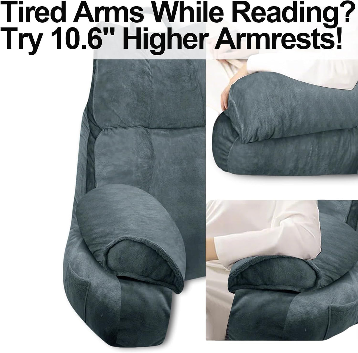 Reading Pillow for Bed with Arms, Back Support, Memory Foam（Grey Black）