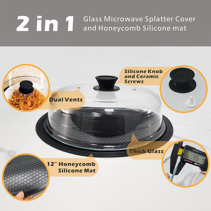 Glass Microwave Splatter Cover with Mat for Food, 10 Inch Guard Lid | Lightweight Borosilicate Glass, Food Grade, Silicone Knob, 2 Vents, 3.1in Tall to Cover Bowls and Plates, Dishwasher Safe