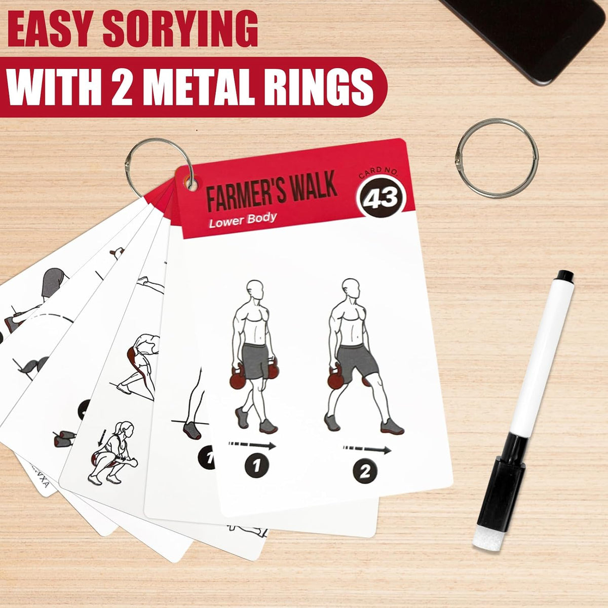 Bodyweight Workout Cards for Women & Men-50 Bodyweight Workout Cards，Includes 2 Rings& Dry-Erase for Easy Organization-Home, Gym or Studio (Bodyweight)