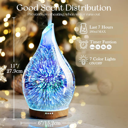 Porseme Essential Oil Diffuser 280ml Handmade Glass Diffuser 7H Runtime | Elegant Handmade Glass Aroma Diffuser with 7-color LEDs, Quiet Aromatherapy and Safe Auto Shut-off, Perfect for Gifts