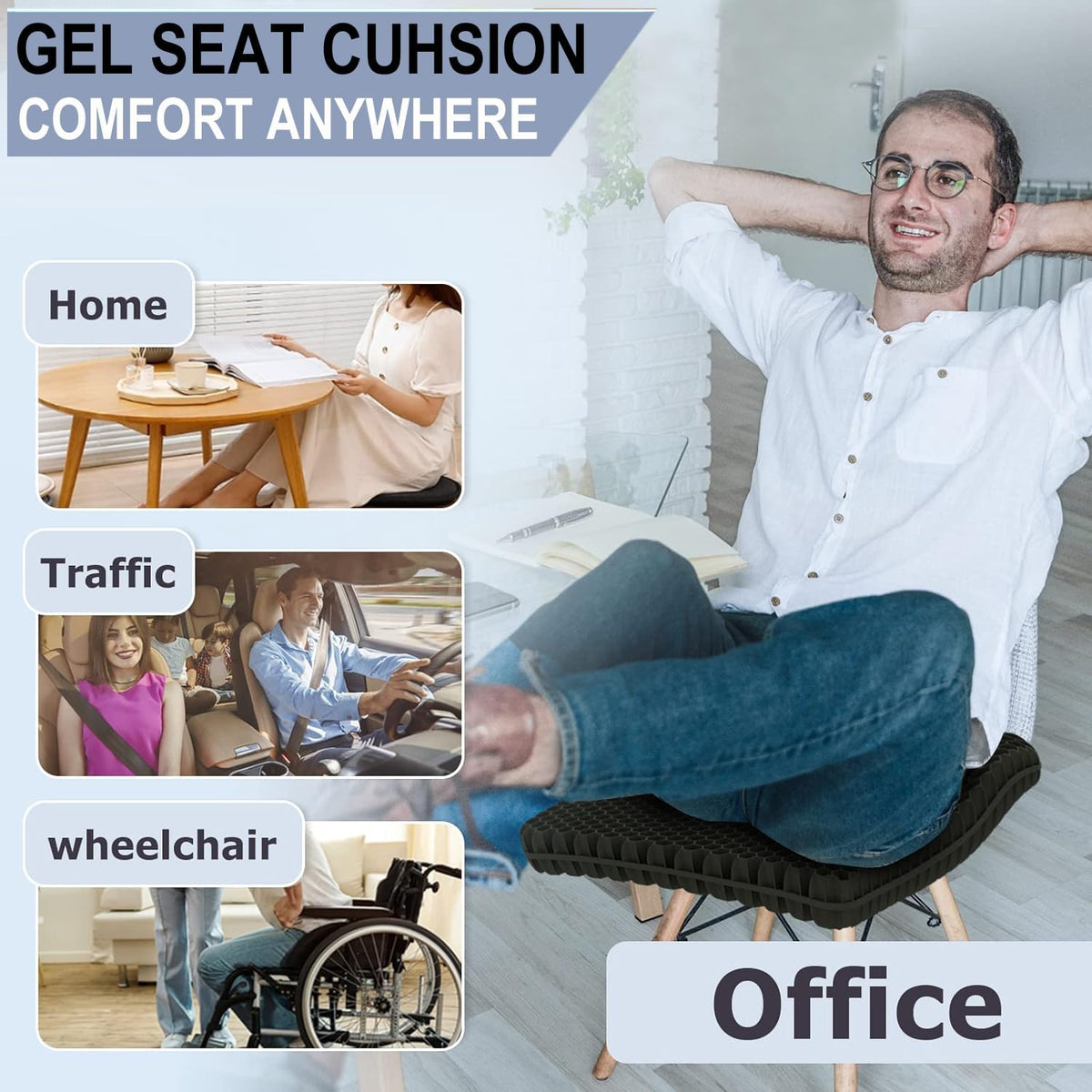 Gel Seat Cushion for Long Sitting - 1.65inch Double Thick Cooling Egg Cushion for Back, Hip, Sciatica, Coccyx, Tailbone Pain Relief - Office Chair Car Seat Cushion – Wheelchair Cushions