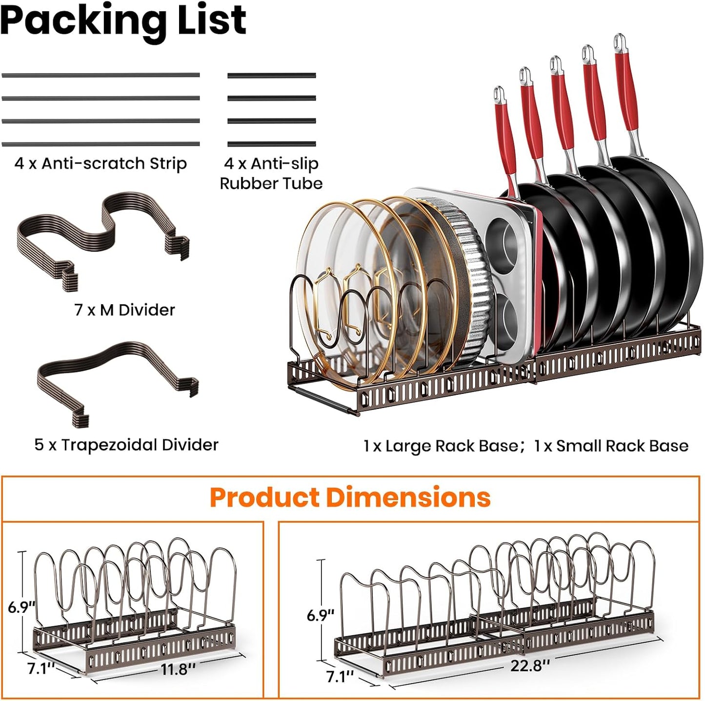 MUDEELA Expandable Pot Pan Lid Organizers inside Cabinet, 10 Divider-Black | Expandable 11.8–22.9", 10 Adjustable Divider, Tool-Free Assembly, Non-Slip, Scratch-Proof, For Pan Lid Cutting Board Bakeware