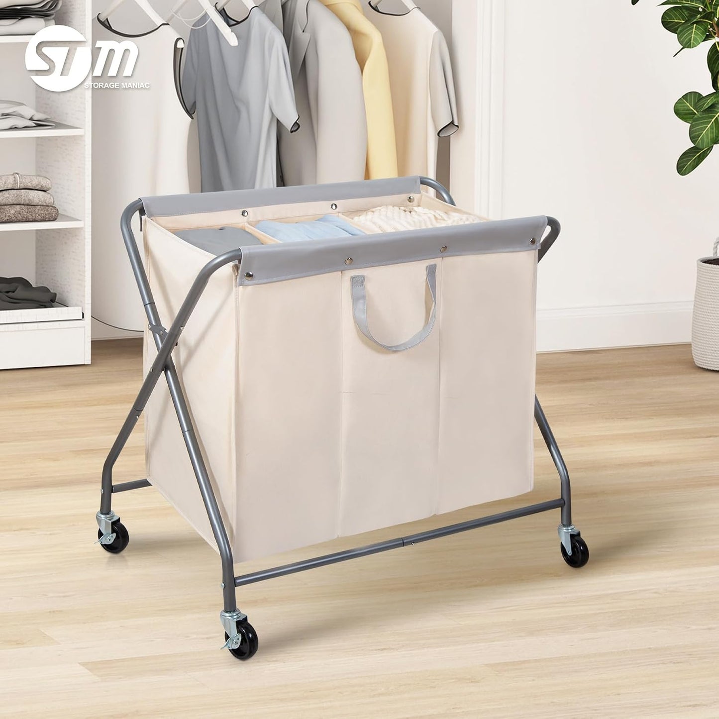 STORAGE MANIAC 160L Collapsible Laundry Hamper with Wheels, Rolling Laundry Basket, Heavy Duty Cloth Sorter with Removable Bag, Folding X Frame Clothes Organizer Cart for Easy to Store, 3 Section
