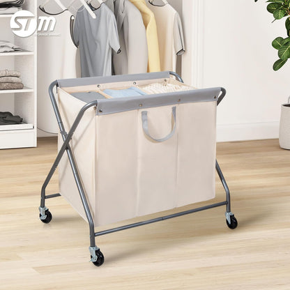 STORAGE MANIAC 160L Collapsible Laundry Hamper with Wheels, Rolling Laundry Basket, Heavy Duty Cloth Sorter with Removable Bag, Folding X Frame Clothes Organizer Cart for Easy to Store, 3 Section