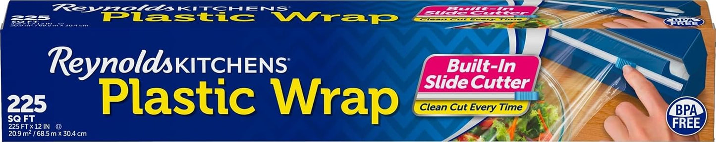 Reynolds Kitchens Clear Plastic Wrap, Built-In Slide Cutter, 225sq ft | Plastic Cling Wrap for Food Storage, Seals in Freshness, Clean Cut Every Time, Ideal For Leftovers, BPA-Free, 12 in x 225 ft