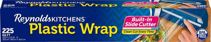 Reynolds Kitchens Clear Plastic Wrap, Built-In Slide Cutter, 225sq ft | Plastic Cling Wrap for Food Storage, Seals in Freshness, Clean Cut Every Time, Ideal For Leftovers, BPA-Free, 12 in x 225 ft